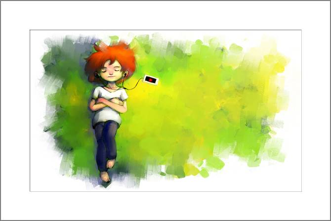 Купить и печать на заказ Картины, фото с паспарту Девочка с плеером