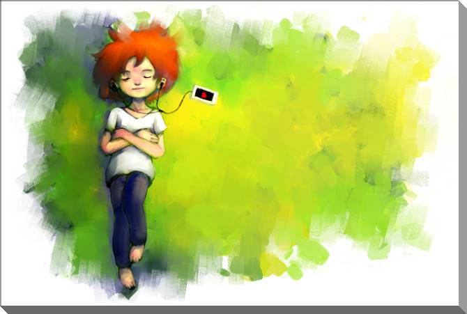 Paintings on plastic, foam cardboard Girl with a player