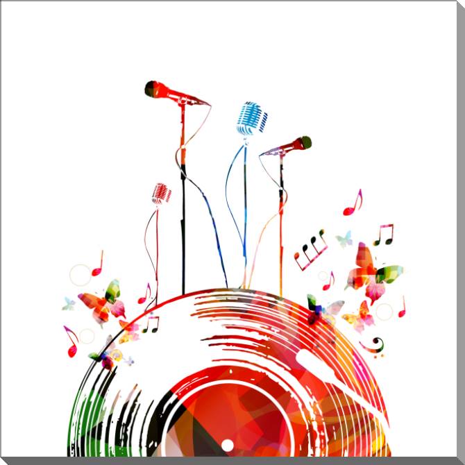 Paintings on plastic, foam cardboard Microphones art