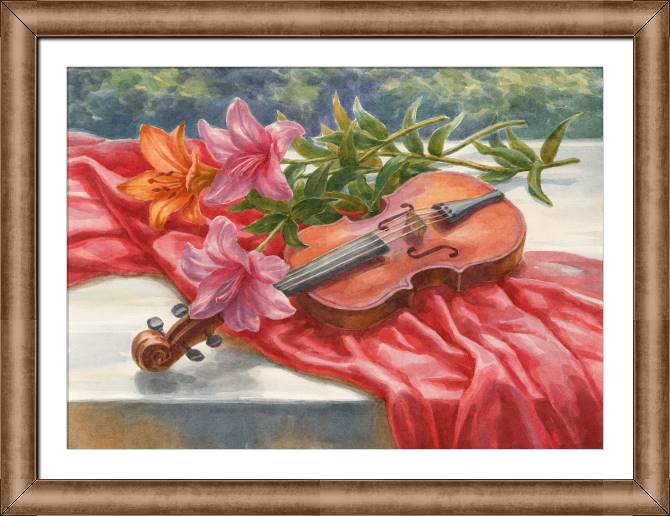 Картины в рамке, багете Still life violin and lilies