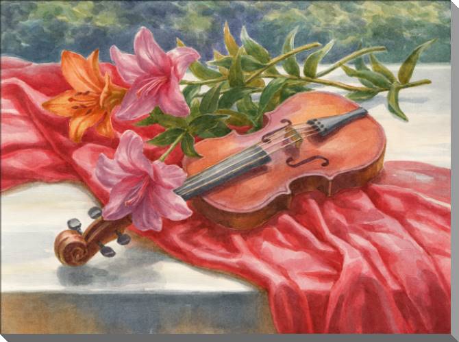 Paintings on plastic, foam cardboard Still life violin and lilies