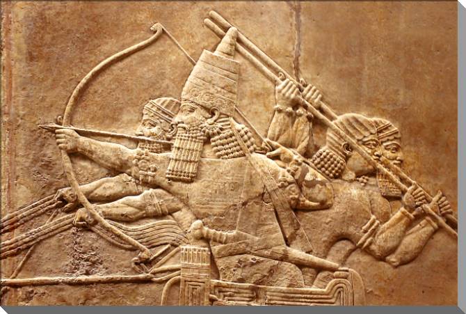 Paintings on plastic, foam cardboard Assyrian relief