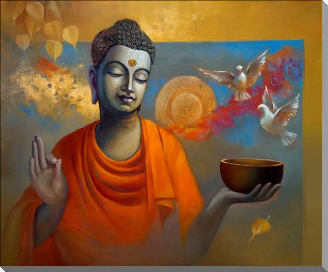 Paintings on plastic, foam cardboard Buddha and doves