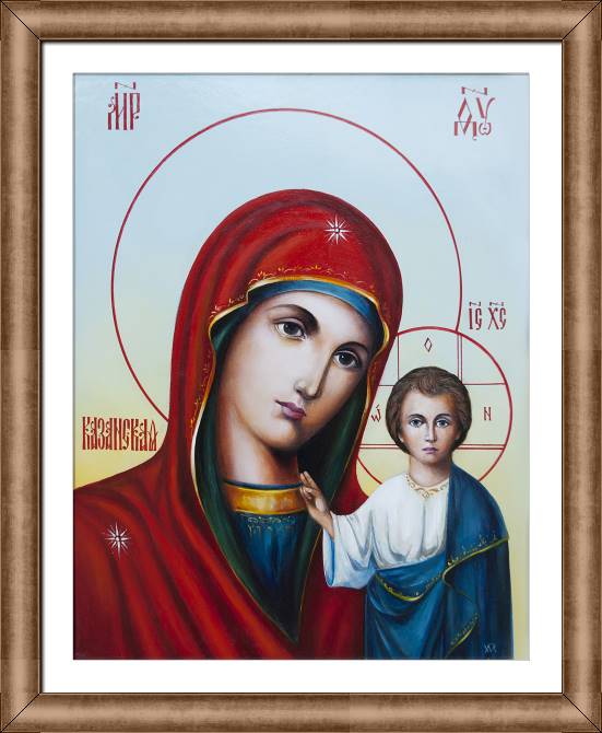 Картины в рамке, багете The Kazan icon of the Mother of God on a light background