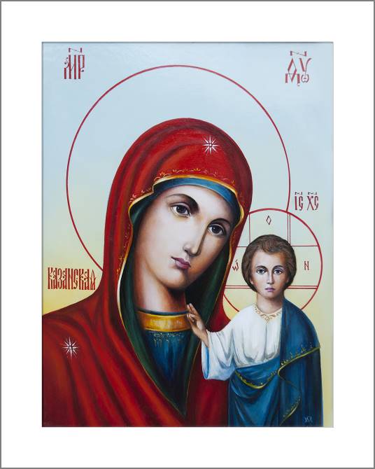 Купить и печать на заказ Картины, фото с паспарту Казанская икона Божией Матери на светлом фоне