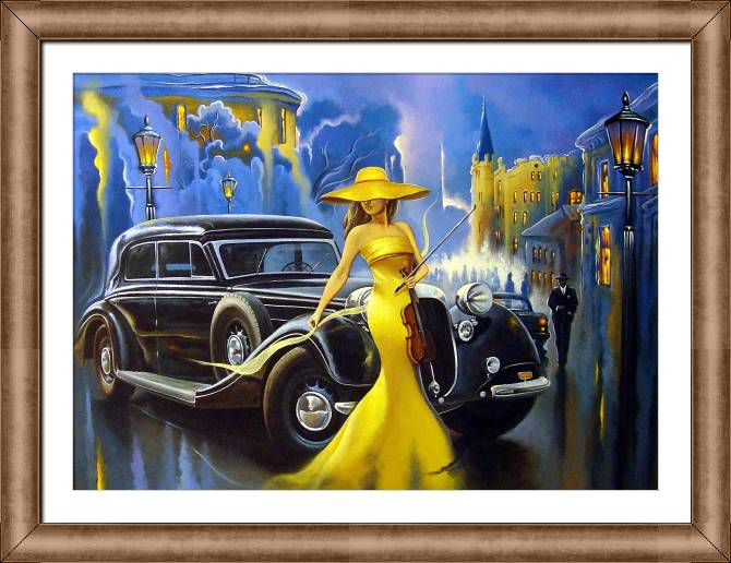 Картины в рамке, багете Girl in a yellow dress and a retro car