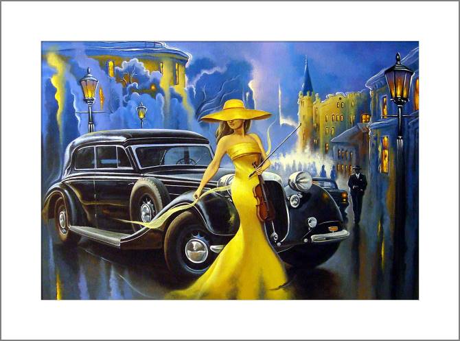 Картины, фото с паспарту Girl in a yellow dress and a retro car