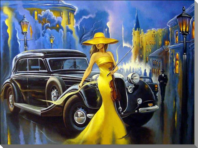 Paintings on plastic, foam cardboard Girl in a yellow dress and a retro car