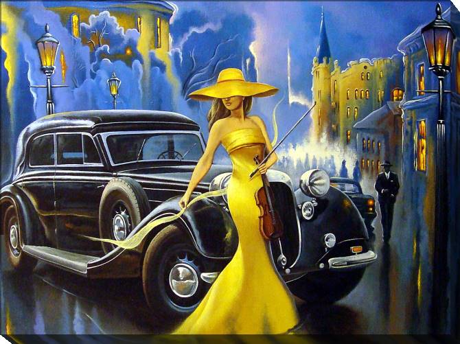 Paintings on canvas Girl in a yellow dress and a retro car