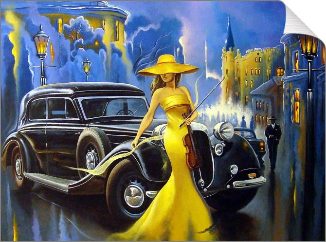 Купить и печать на заказ Картины на холсте Девушка в желтом платье и ретро автомобиль