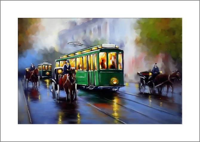 Картины, фото с паспарту Digital painting green tram
