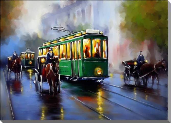 Paintings on plastic, foam cardboard Digital painting green tram