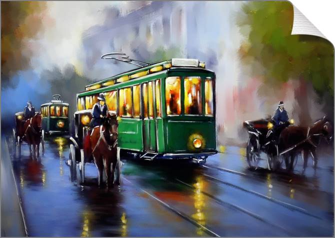 Купить и печать на заказ Картины на холсте Цифровая живопись зеленый трамвай