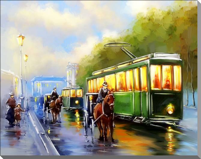 Paintings on plastic, foam cardboard Digital painting the street with the tram