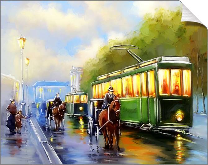 Купить и печать на заказ Картины на холсте Цифровая живопись улица с трамваем