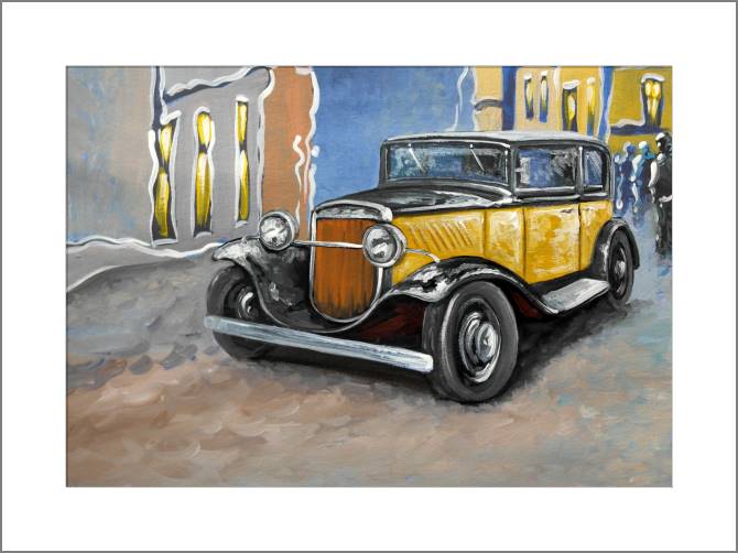 Картины, фото с паспарту Yellow retro car