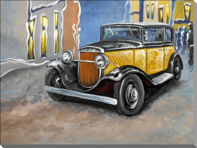 Paintings on plastic, foam cardboard Yellow retro car
