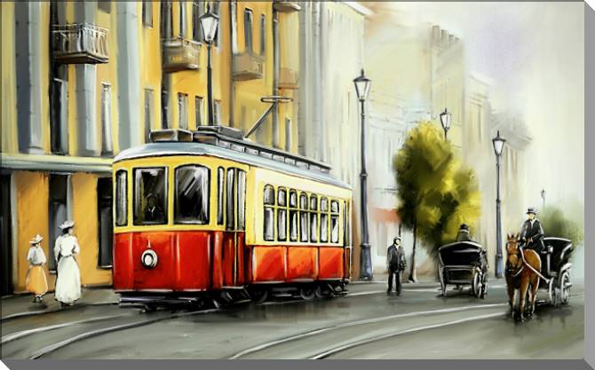 Paintings on plastic, foam cardboard Digital painting red tram