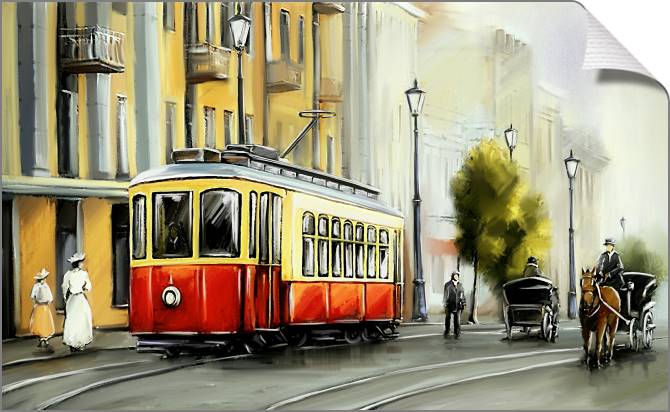 Купить и печать на заказ Картины на холсте Цифровая живопись красный трамвай