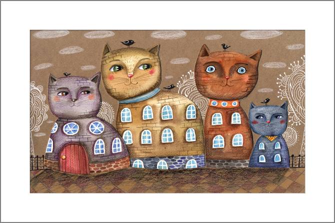 Купить и печать на заказ Картины, фото с паспарту Кошки домики