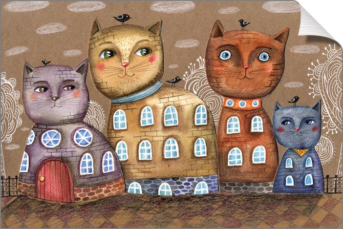 Купить и печать на заказ Картины на холсте Кошки домики