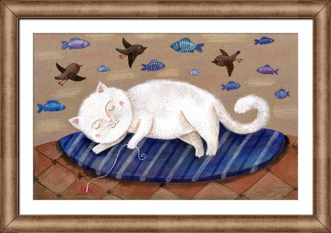 Картины в рамке, багете White cat sleeping