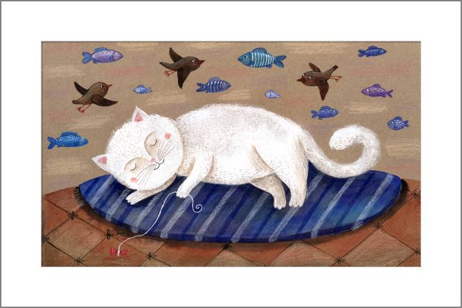 Купить и печать на заказ Картины, фото с паспарту Белая кошка спит