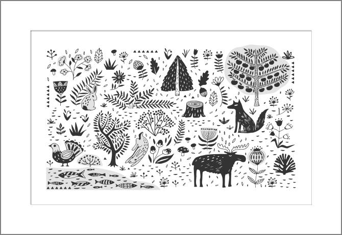 Купить и печать на заказ Картины, фото с паспарту Лесная жизнь графика