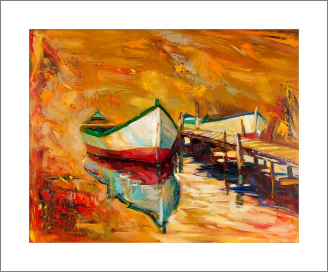 Купить и печать на заказ Картины, фото с паспарту Лодки на оранжевом фоне