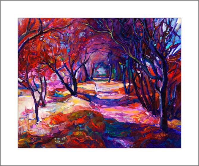 Купить и печать на заказ Картины, фото с паспарту Аллея деревьев в розовых тонах