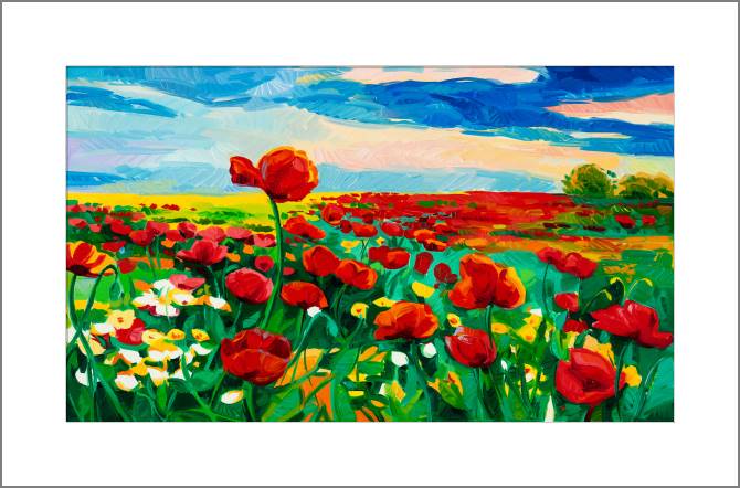 Купить и печать на заказ Картины, фото с паспарту Яркое поле маков