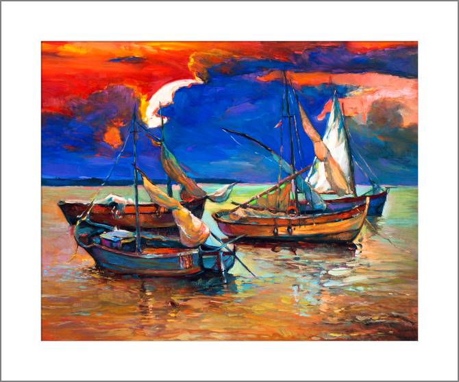 Купить и печать на заказ Картины, фото с паспарту Лодки у берега на закате