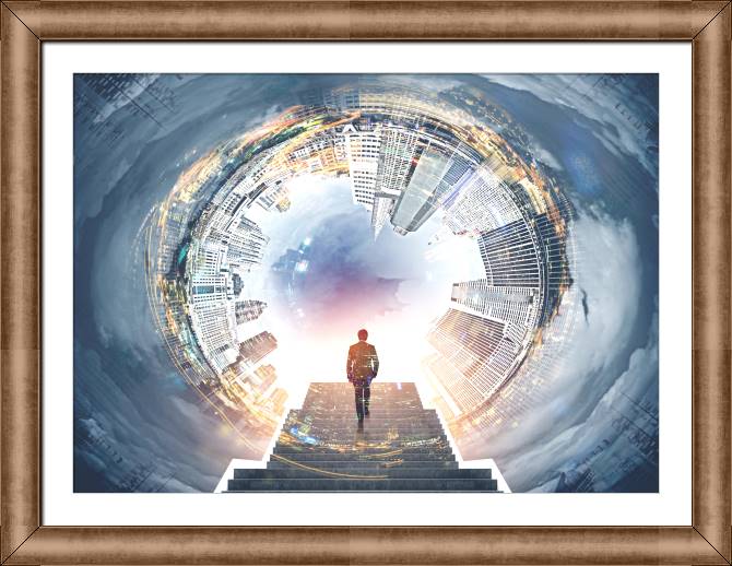 Купить и печать на заказ Картины в рамке, багете Бизнесмен поднимается по лестнице