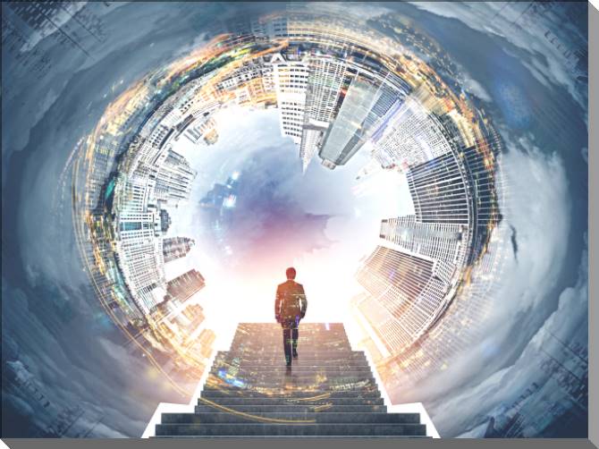 Купить и печать на заказ Картины на пластике, пеноркартоне Бизнесмен поднимается по лестнице