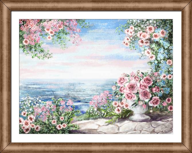 Купить и печать на заказ Картины в рамке, багете Розы и море в нежных тонах