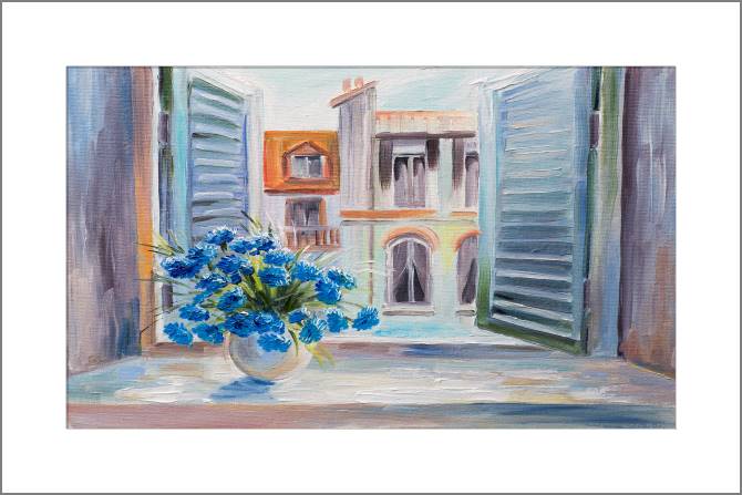 Купить и печать на заказ Картины, фото с паспарту Букет синих цветов у окна