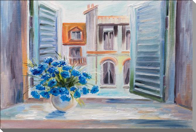 Купить и печать на заказ Картины на пластике, пеноркартоне Букет синих цветов у окна