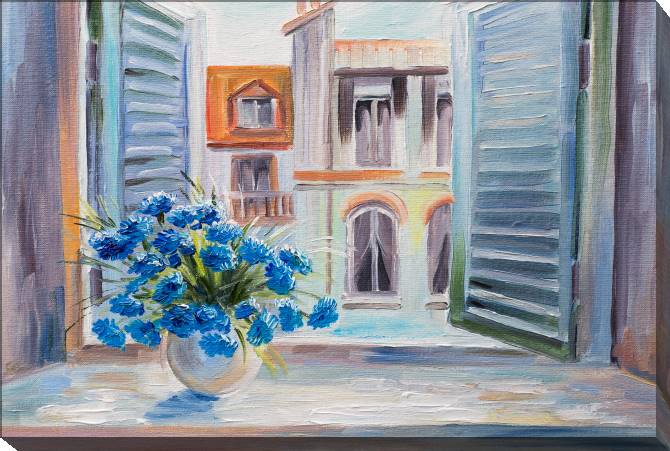 Картины на холсте Bouquet of blue flowers at the window