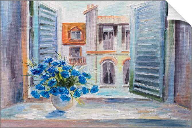 Купить и печать на заказ Картины на холсте Букет синих цветов у окна