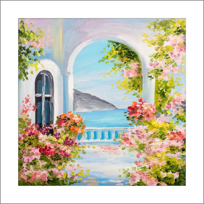 Купить и печать на заказ Картины, фото с паспарту Греческий дом у моря