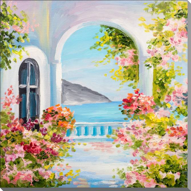 Купить и печать на заказ Картины на пластике, пеноркартоне Греческий дом у моря