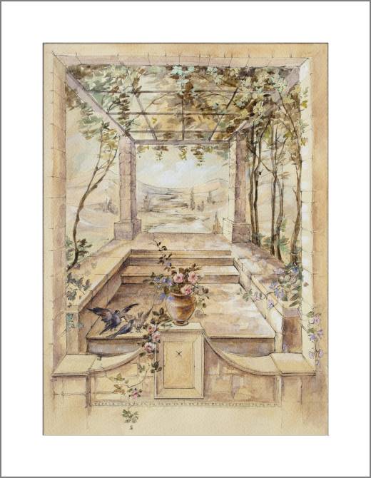 Купить и печать на заказ Картины, фото с паспарту Акварельный рисунок с беседкой