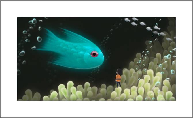 Купить и печать на заказ Картины, фото с паспарту Изумрудная рыбка