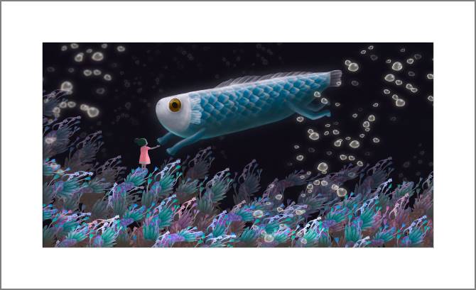 Купить и печать на заказ Картины, фото с паспарту Голубая рыбка и девочка