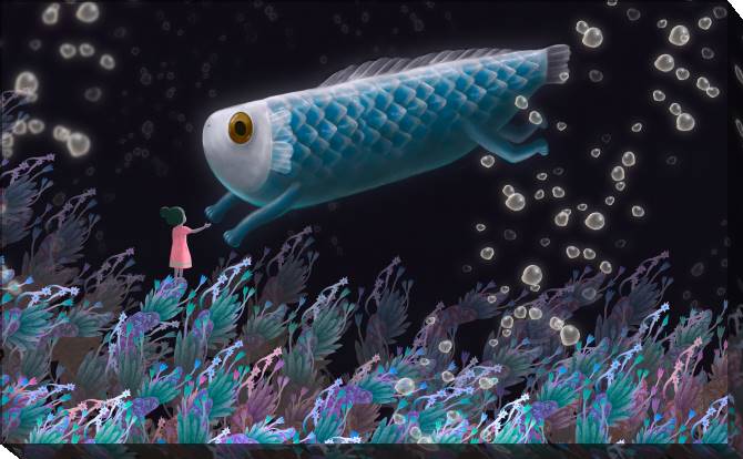 Купить и печать на заказ Картины на холсте Голубая рыбка и девочка