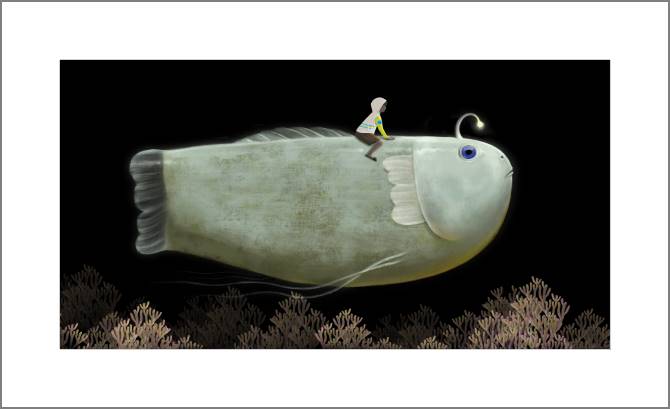 Купить и печать на заказ Картины, фото с паспарту Мальчик и большая рыба