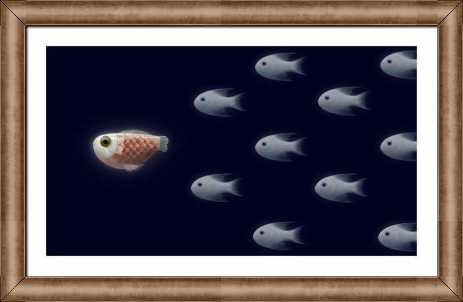 Купить и печать на заказ Картины в рамке, багете Стайка рыбок на темном фоне