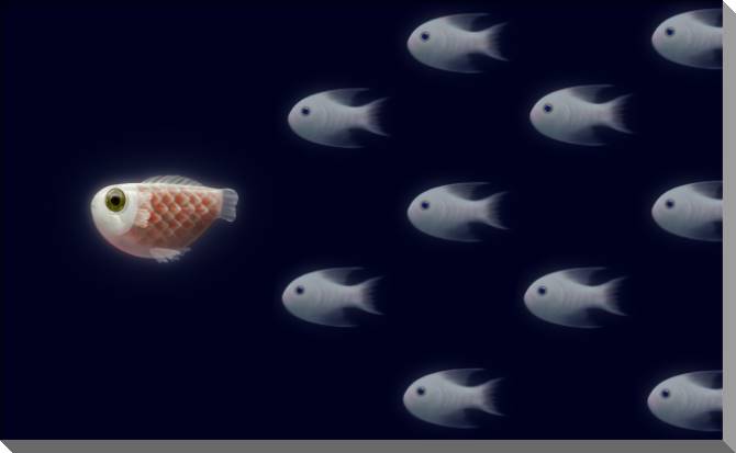 Купить и печать на заказ Картины на пластике, пеноркартоне Стайка рыбок на темном фоне