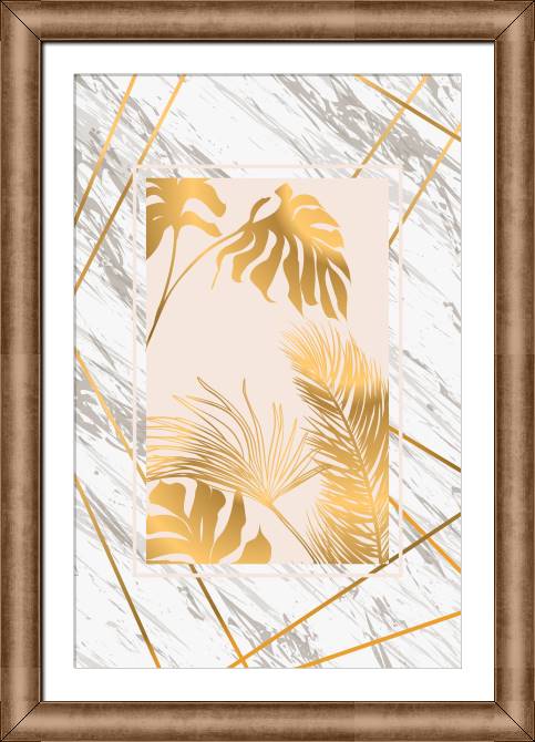 Купить и печать на заказ Картины в рамке, багете Золотые листья на мраморном фоне
