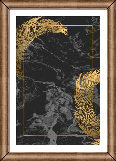Купить и печать на заказ Картины в рамке, багете Золотые перья на черном мраморе